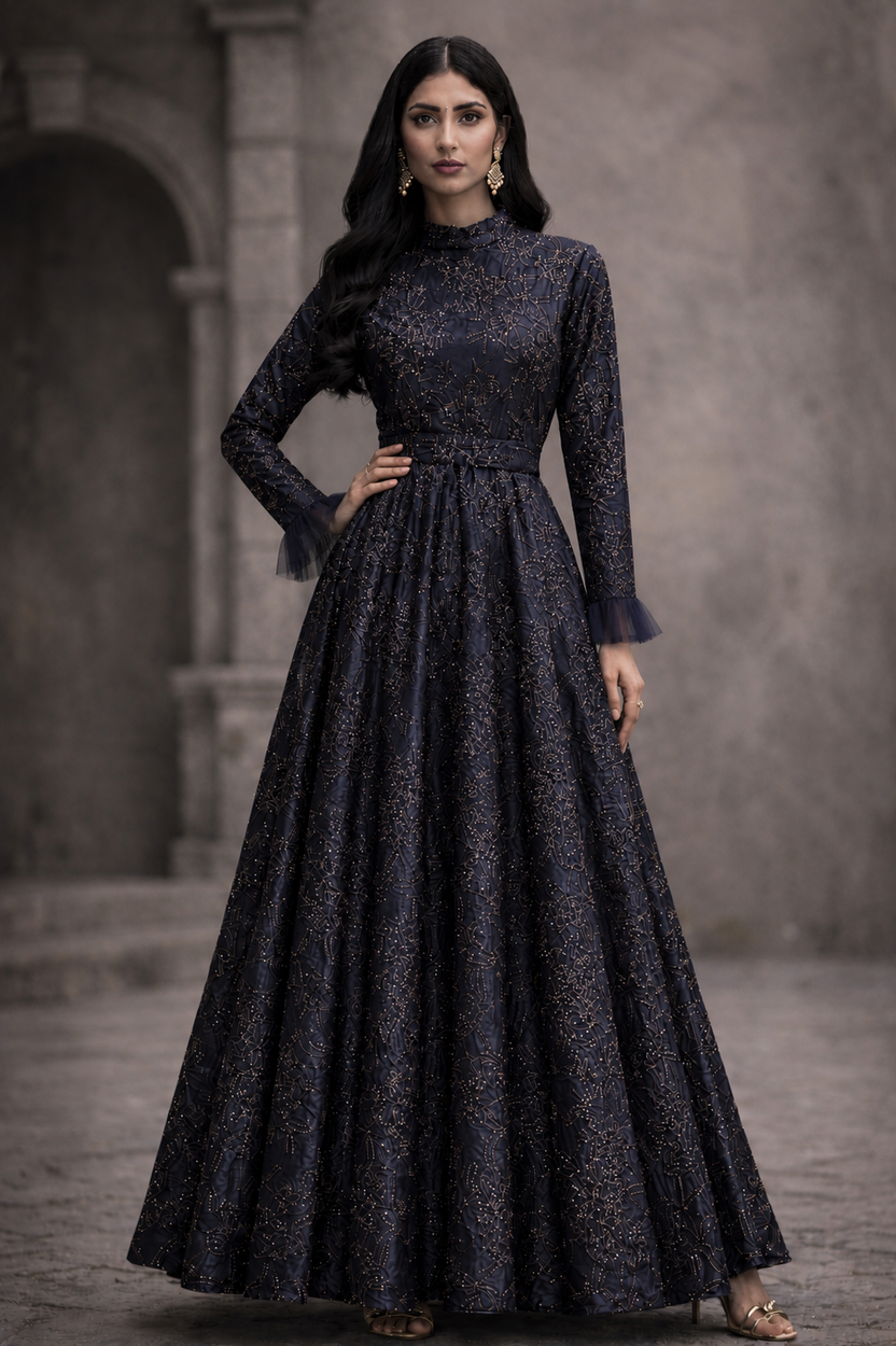 Blue Gracia Straight Sleeves with frill embellished