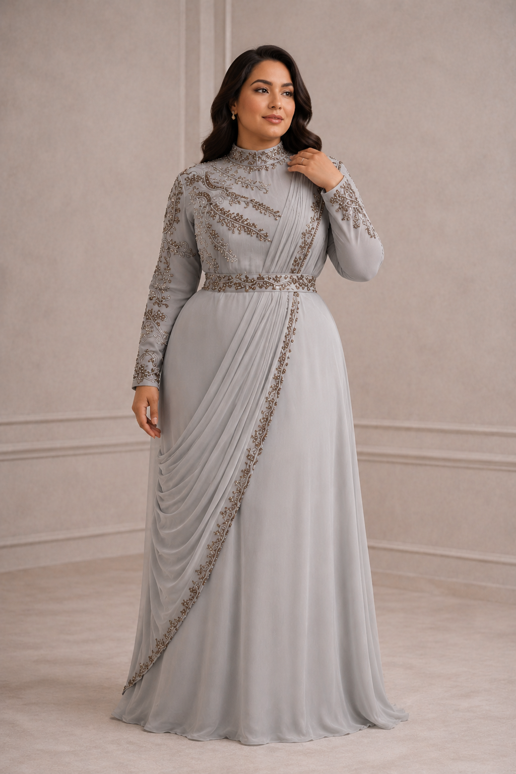 Grey saree dress with Pewter embellishment and straight sleeves | Pre-order
