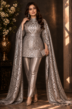 Metallic Silver Pants set with fancy cape sleeves and high neck