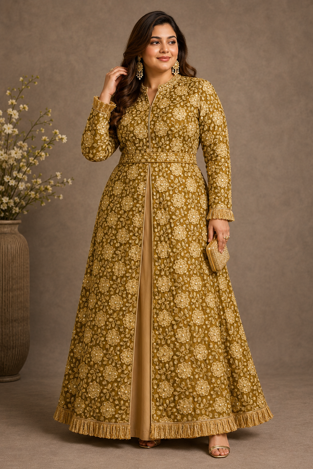 Heritage Gold Olive Embellished Detached Lace Jacket with Satin Gown: Dyable & Customisable - Pre Order