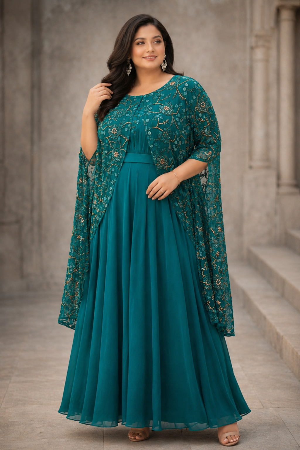 Teal lace jacket with soft dupion silk dress and statement sleeves: Dyable & Customisable | Pre-Order
