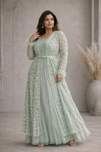 Mint green detached lace jacket with saree style gown. Floral embellishment and straight sleeves - Pre Order