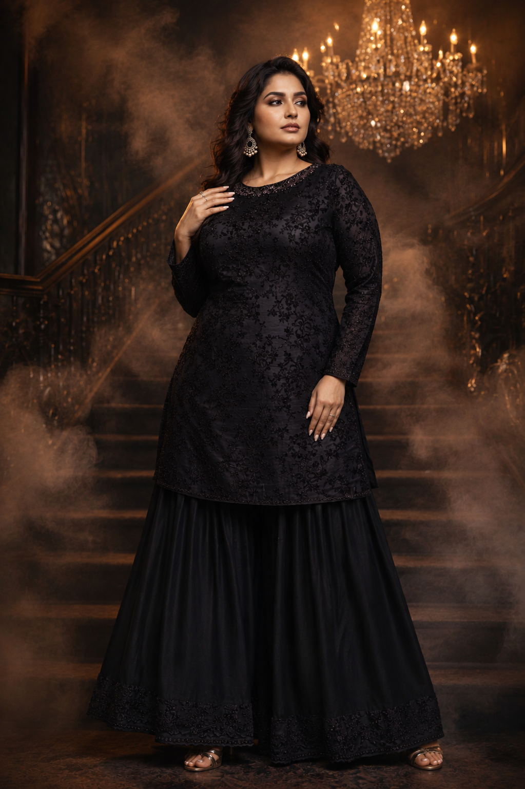 Embroidered black Straight Dress with sharara pants and straight sleeves - pre Order