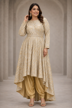 Sand high & low set with metallic Zari design and straight sleeves | Pre-Order