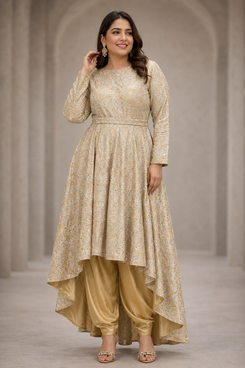 Sand high & low set with metallic Zari design and straight sleeves | Pre-Order
