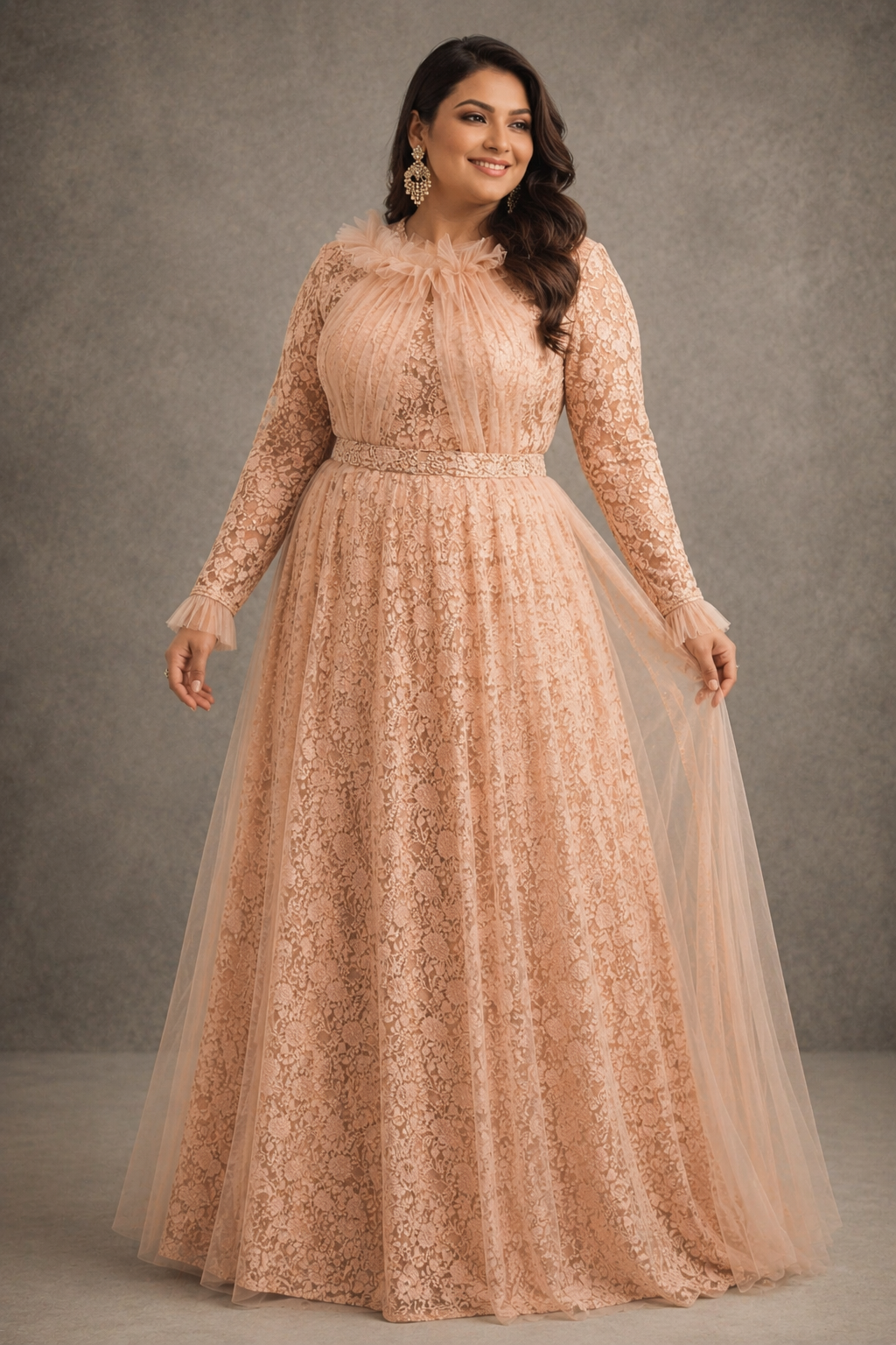 N&T Peach Straight Sleeves Lace Gown | Pre-order