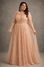 N&T Peach Straight Sleeves Lace Gown | Pre-order