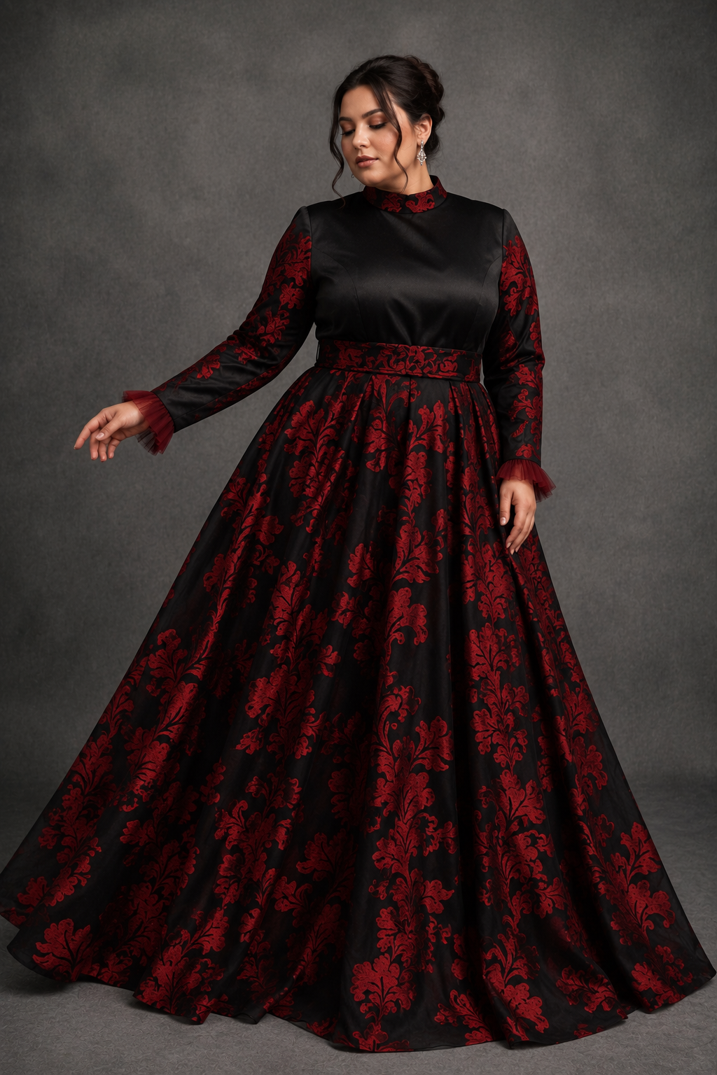 Black structured satin gown with deep burgundy motif and straight sleeves | Pre-order