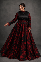 Black structured satin gown with deep burgundy motif and straight sleeves | Pre-order