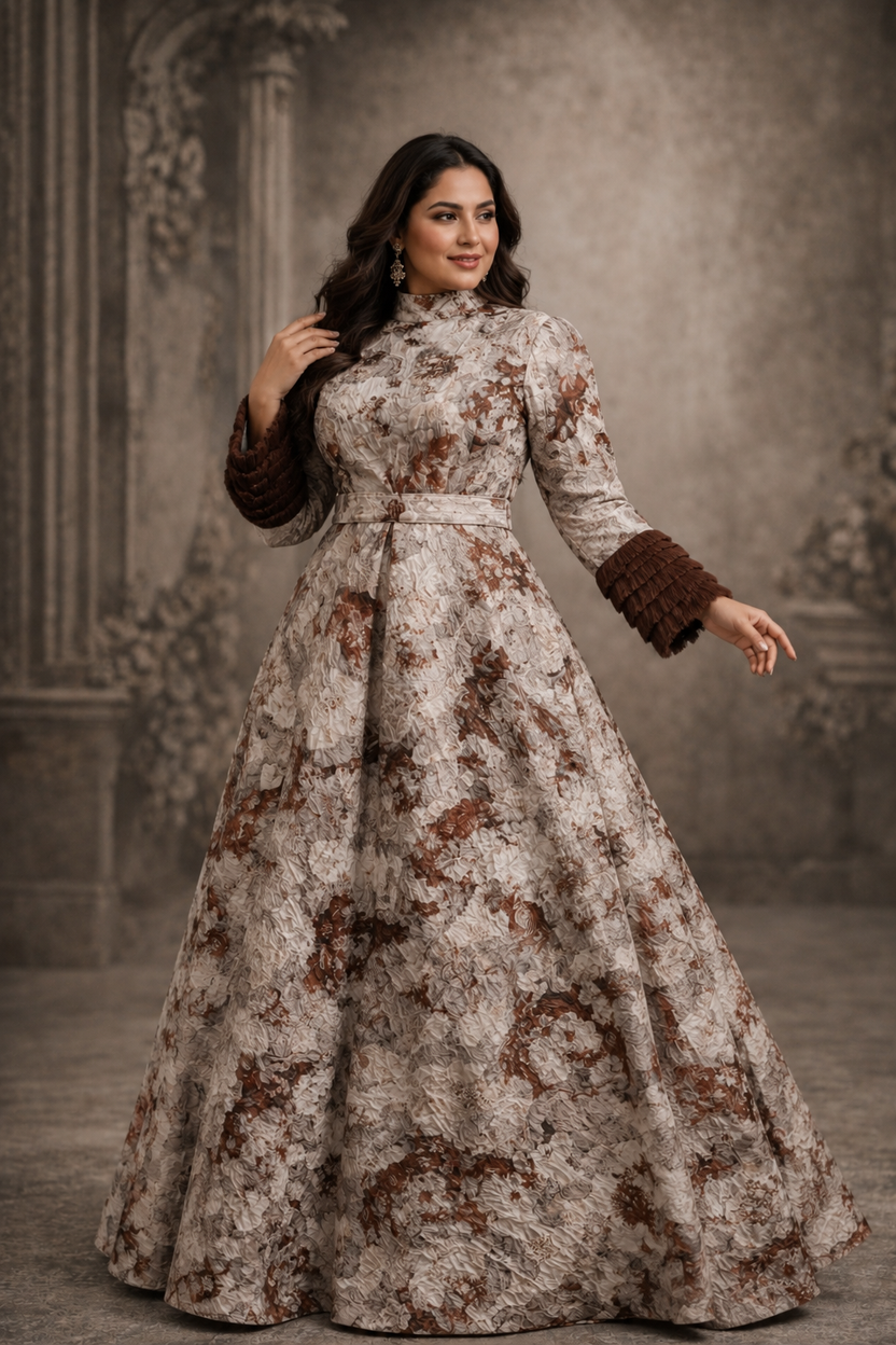 Off White and brown jacquard gown with straight sleeves with net Ruffles | Pre-Order