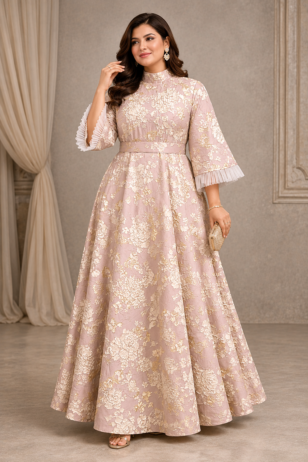 Blush pink with gold floral print and funnel sleeves - Pre Order
