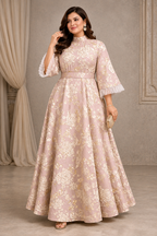 Blush pink with gold floral print and funnel sleeves - Pre Order