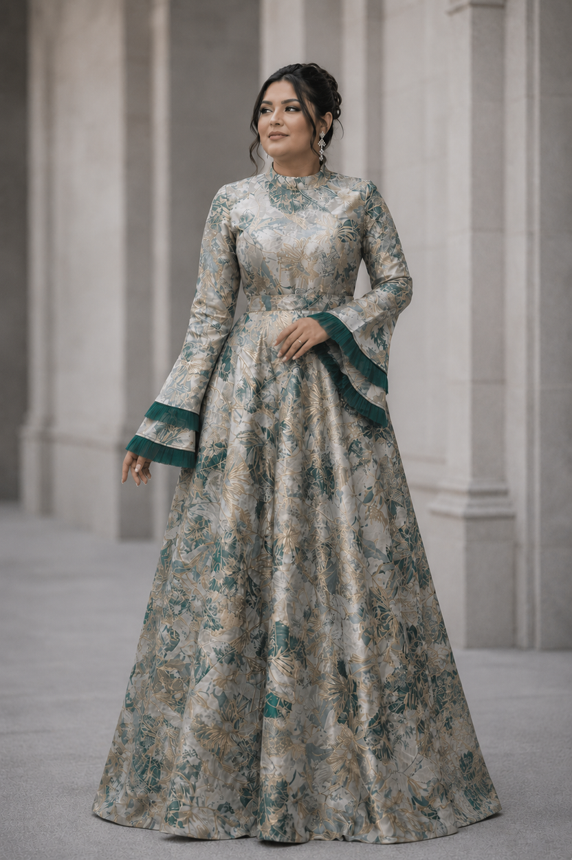 R85 Jacquard Gown with Bell Sleeves and Double Frill | Pre-order