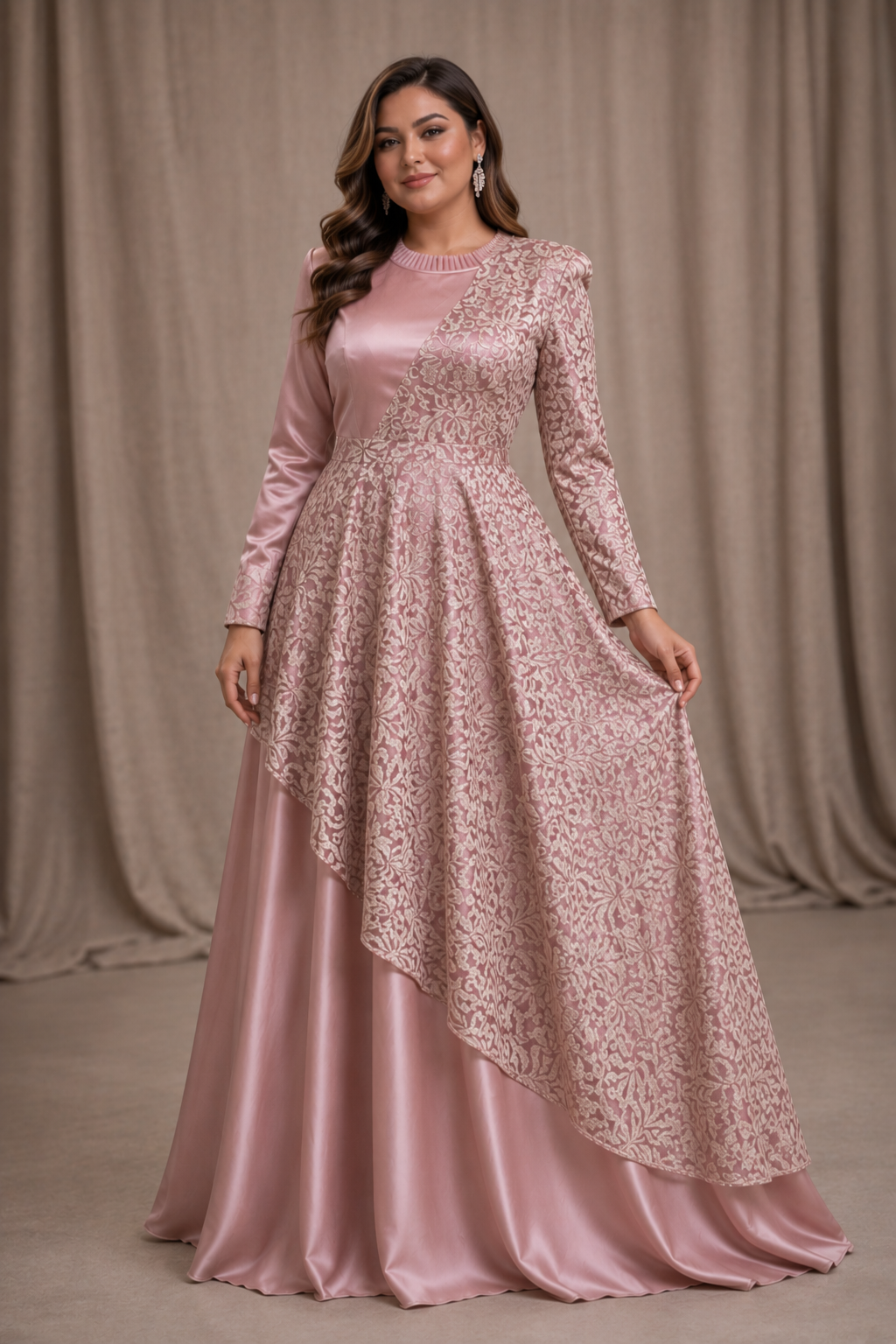 Blush Pink satin dress with lace drape and straight sleeves