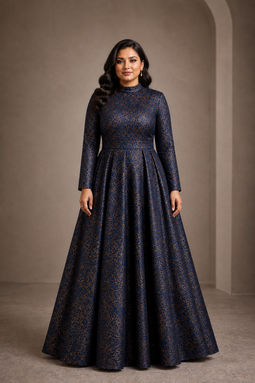 Blue gracia jacquard gown with gold accents and straight sleeves non-embellished - Pre Order