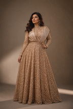 Nude Lace gown with detachable Sash drape and straight sleeves | Pre Order
