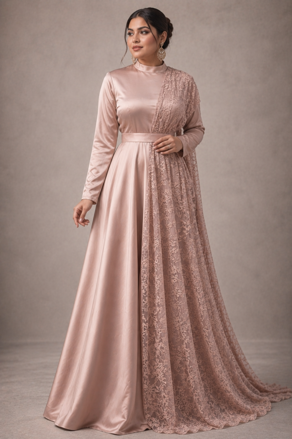 blush pink Peach Satin Gown with Side Lace | Pre-order