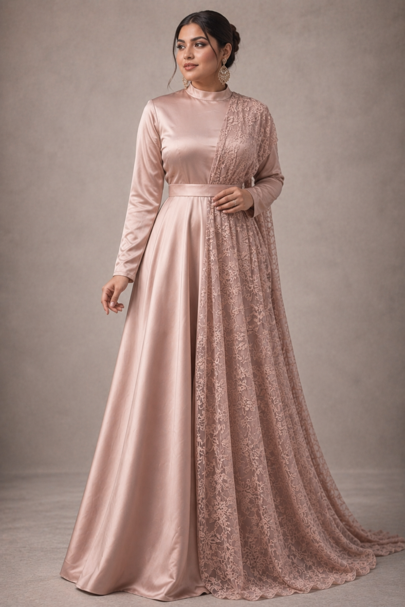 Light Peach Satin Gown with Side Lace | Pre-order