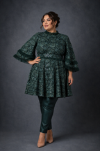 green frock and pants set with double funnel sleeves | Pre-order