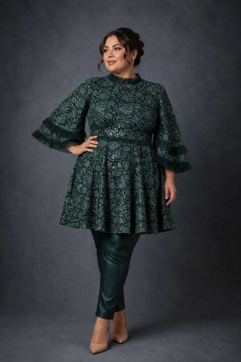 green frock and pants set with double funnel sleeves | Pre-order