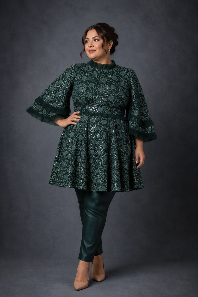 green frock and pants set with double funnel sleeves | Pre-order