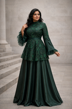 Green embroidered peplum gown with bell sleeves | Pre-order