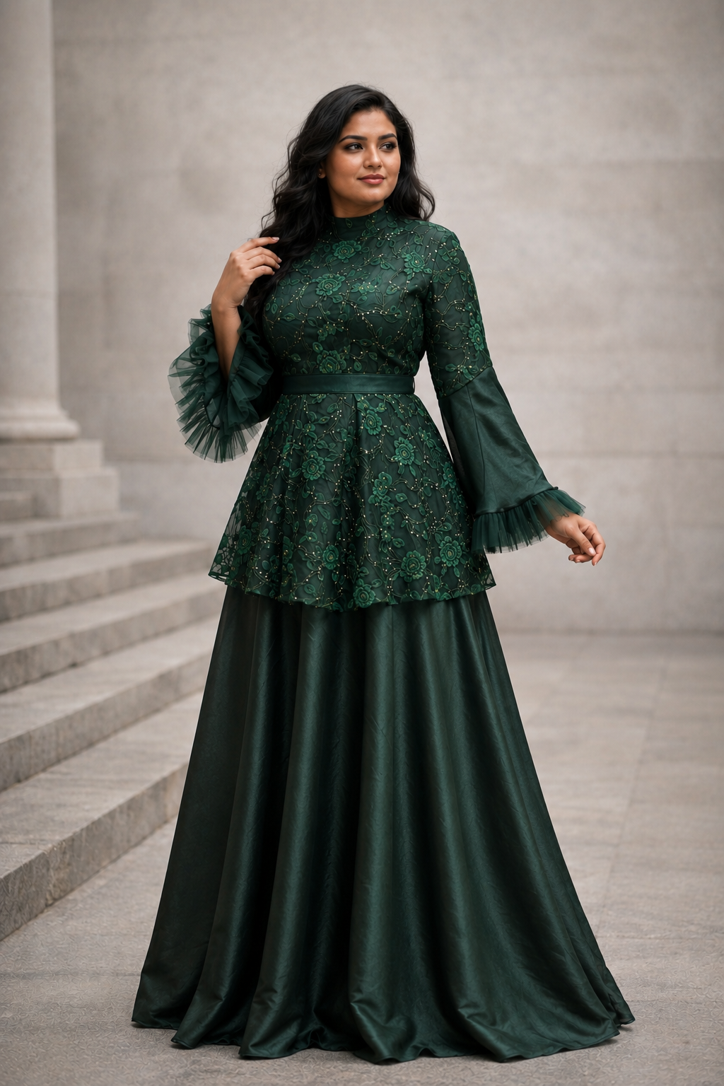 Green embroidered peplum gown with bell sleeves | Pre-order