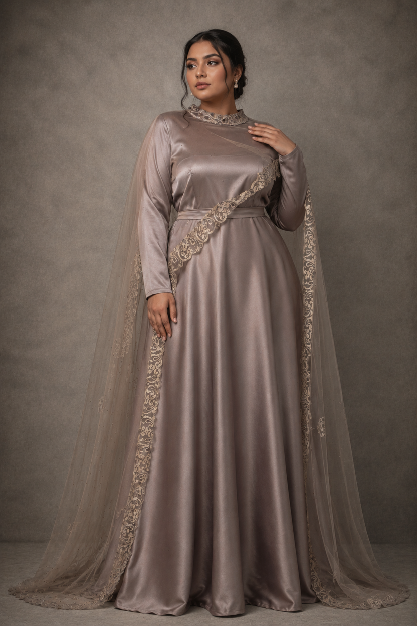 Sana Cape Style Satin Gown and Lace Cape | Pre-order