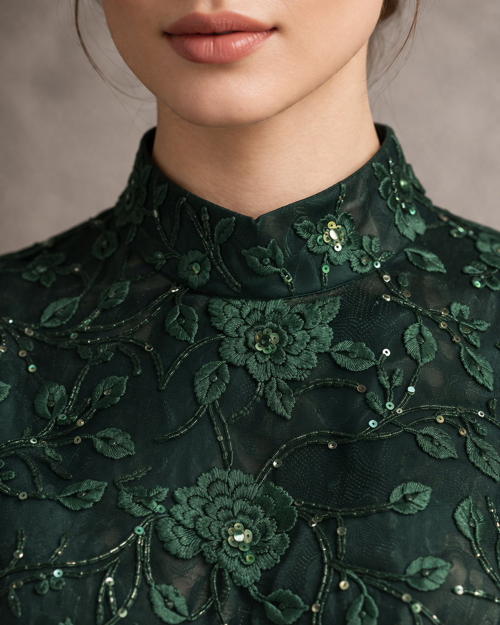 Green embroidered peplum gown with bell sleeves