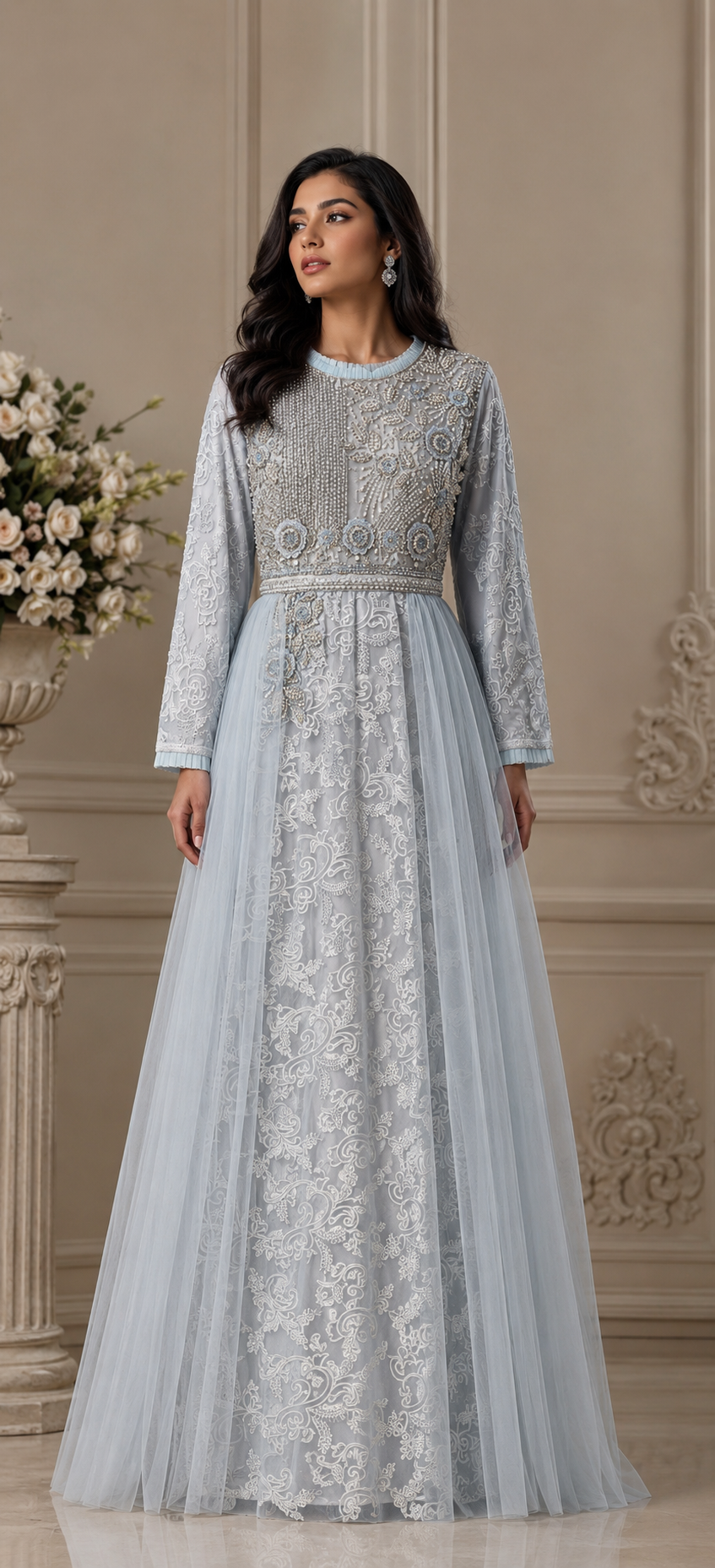 Ice blue dress with straight sleeves and removable skirt tulle