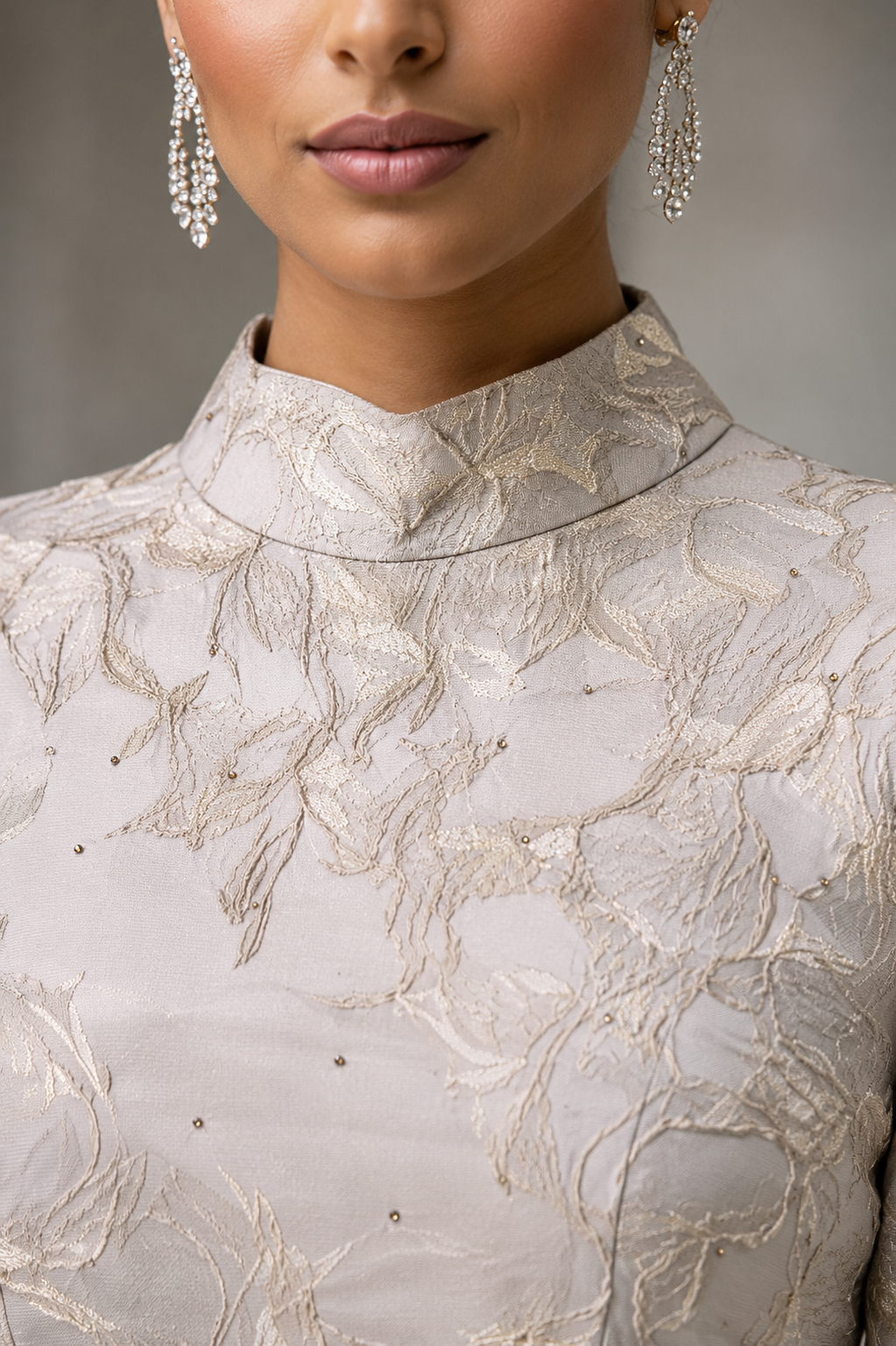 Gray Jacquard gown with bell sleeves with double frill