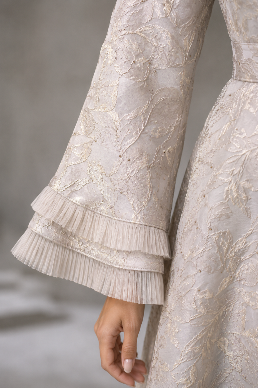 Mauve Jacquard gown with bell sleeves with double frill | Pre-order
