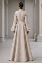 Gray Jacquard gown with bell sleeves with double frill