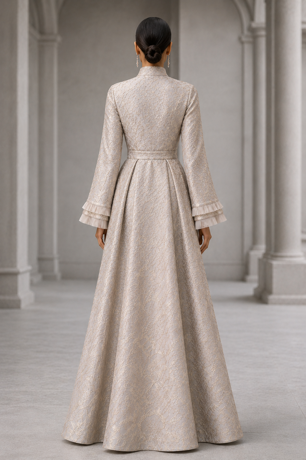 Gray Jacquard gown with bell sleeves with double frill