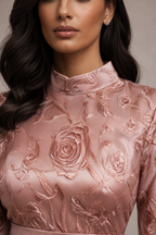 Pink satin gown with bell sleeves