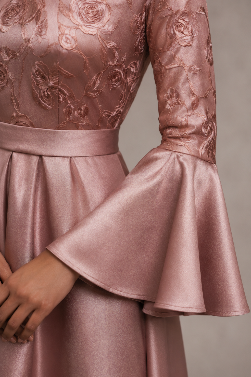 Pink satin gown with bell sleeves