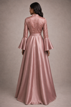Pink satin gown with bell sleeves