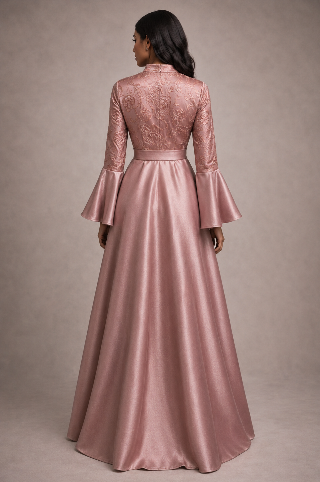 Pink satin gown with bell sleeves