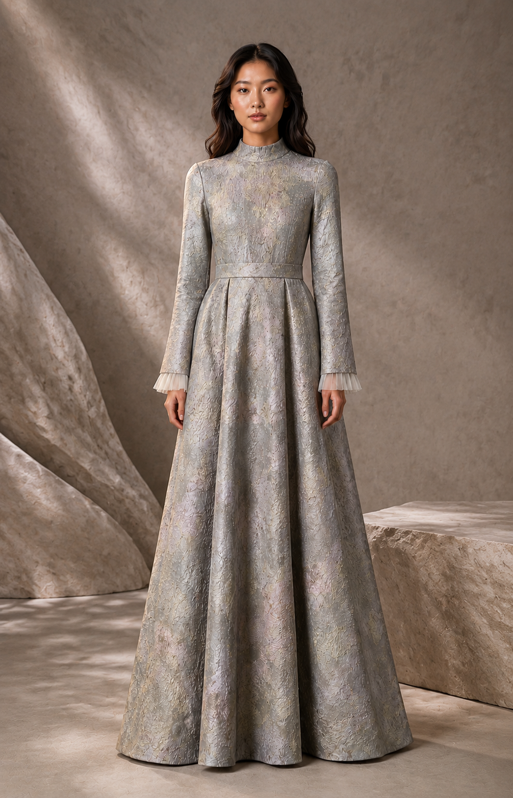 Grayish white Jacquard gown with straight sleeves