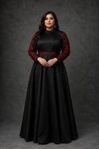 Black satin dress with red floral embroidery on the sleeves - Pre Order