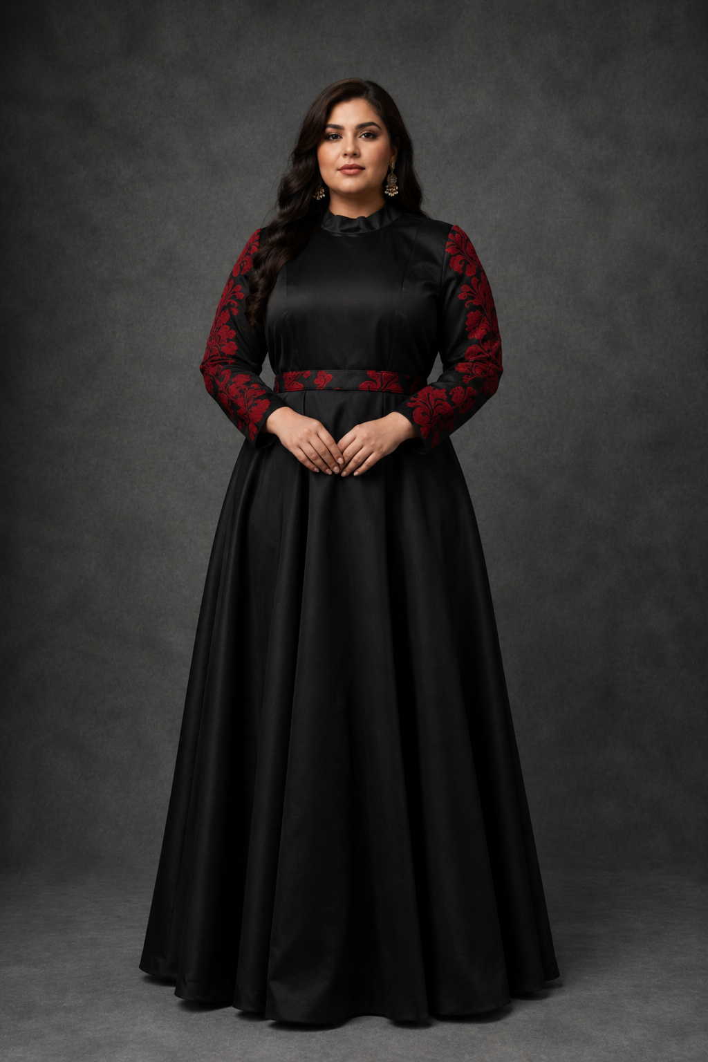 Black satin dress with red floral embroidery on the sleeves - Pre Order