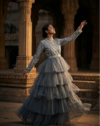 Grey Rara Gown with net tulle and straight sleeves