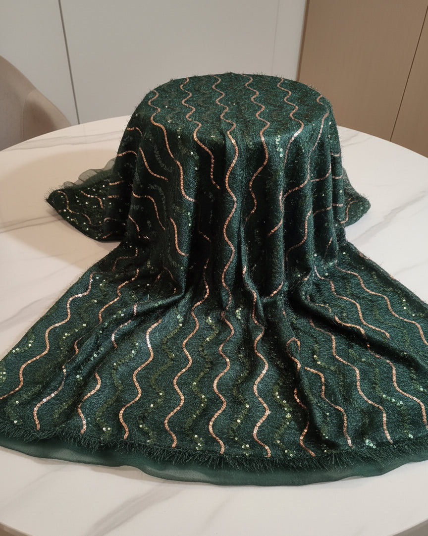Chitkul | Green unstitched material with sequined waves