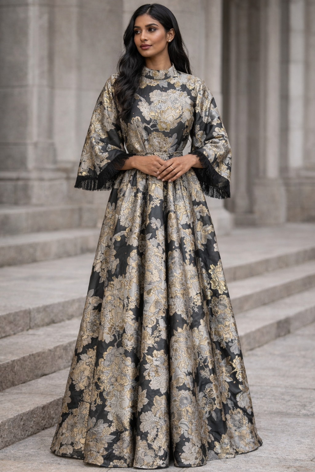 Midnight Bloom Marble Embellished Jacquard Gown | Pre-Order