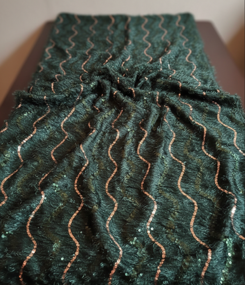 Chitkul | Green unstitched material with sequined waves