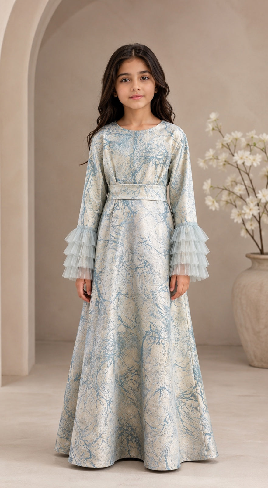 Kids Light Blue jacquard dress with straight sleeves and frills