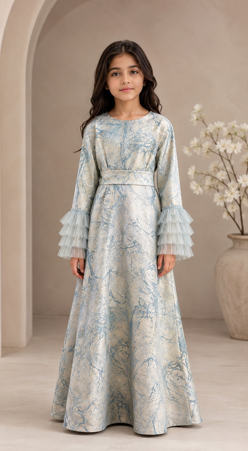 Kids Light Blue jacquard dress with straight sleeves and frills