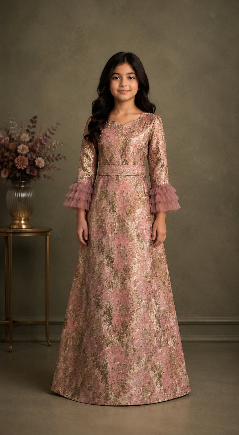 Kids Pink jacquard dress with straight sleeves and frills