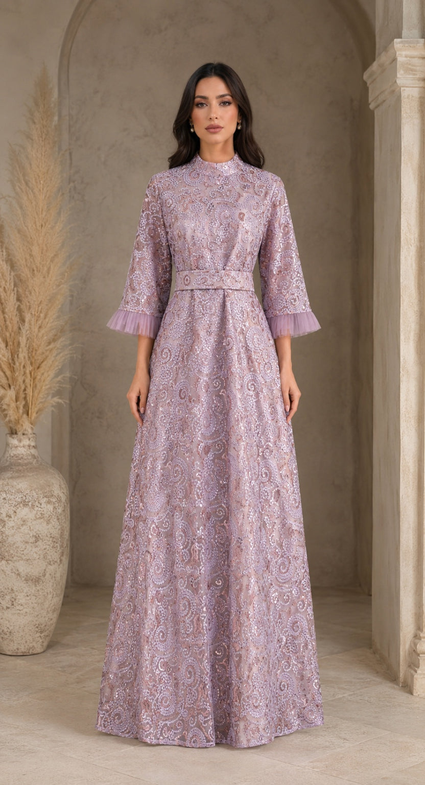 Pink Carol Lace gown with funnel sleeves