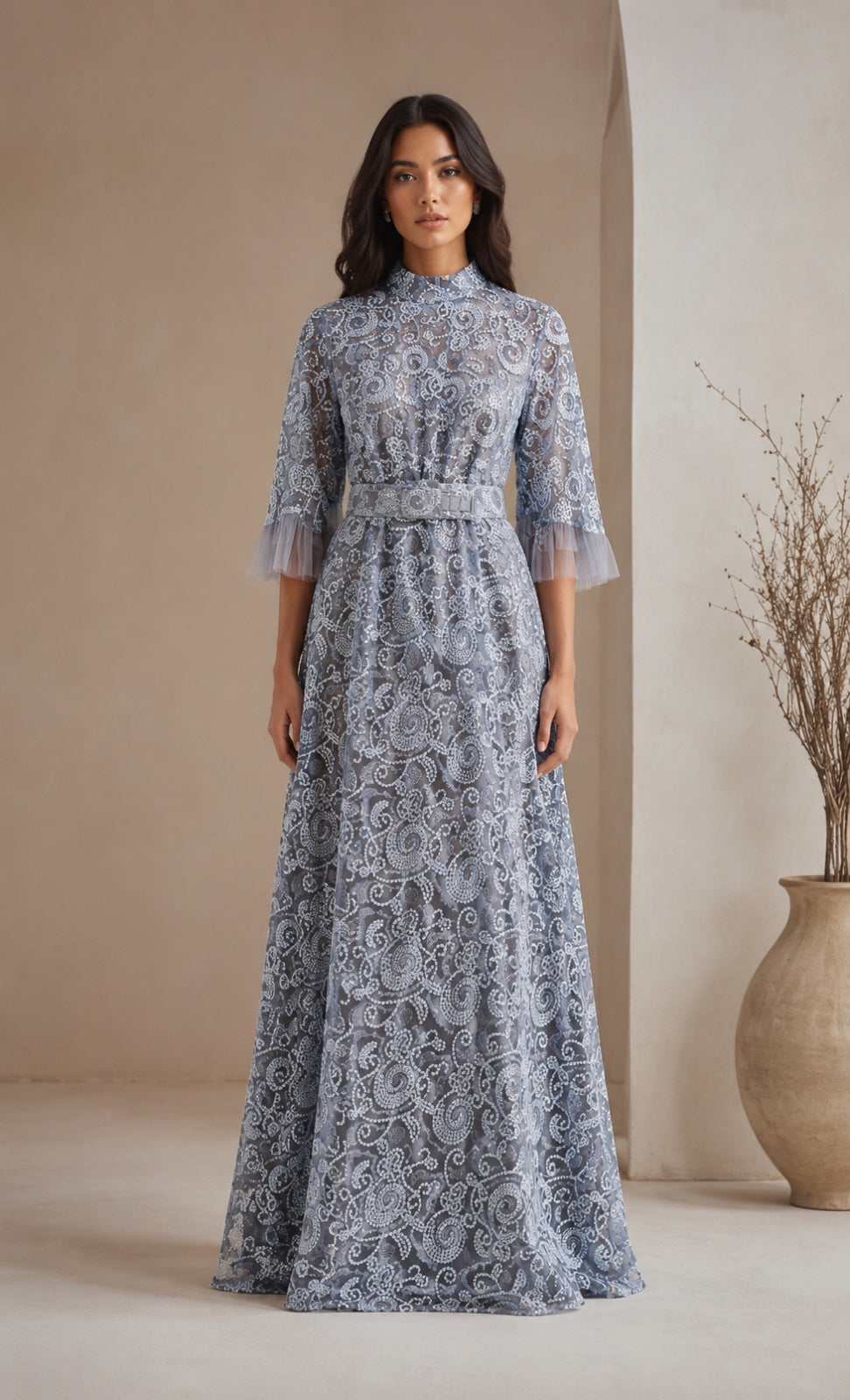 Blue Morgana Lace gown with funnel sleeves